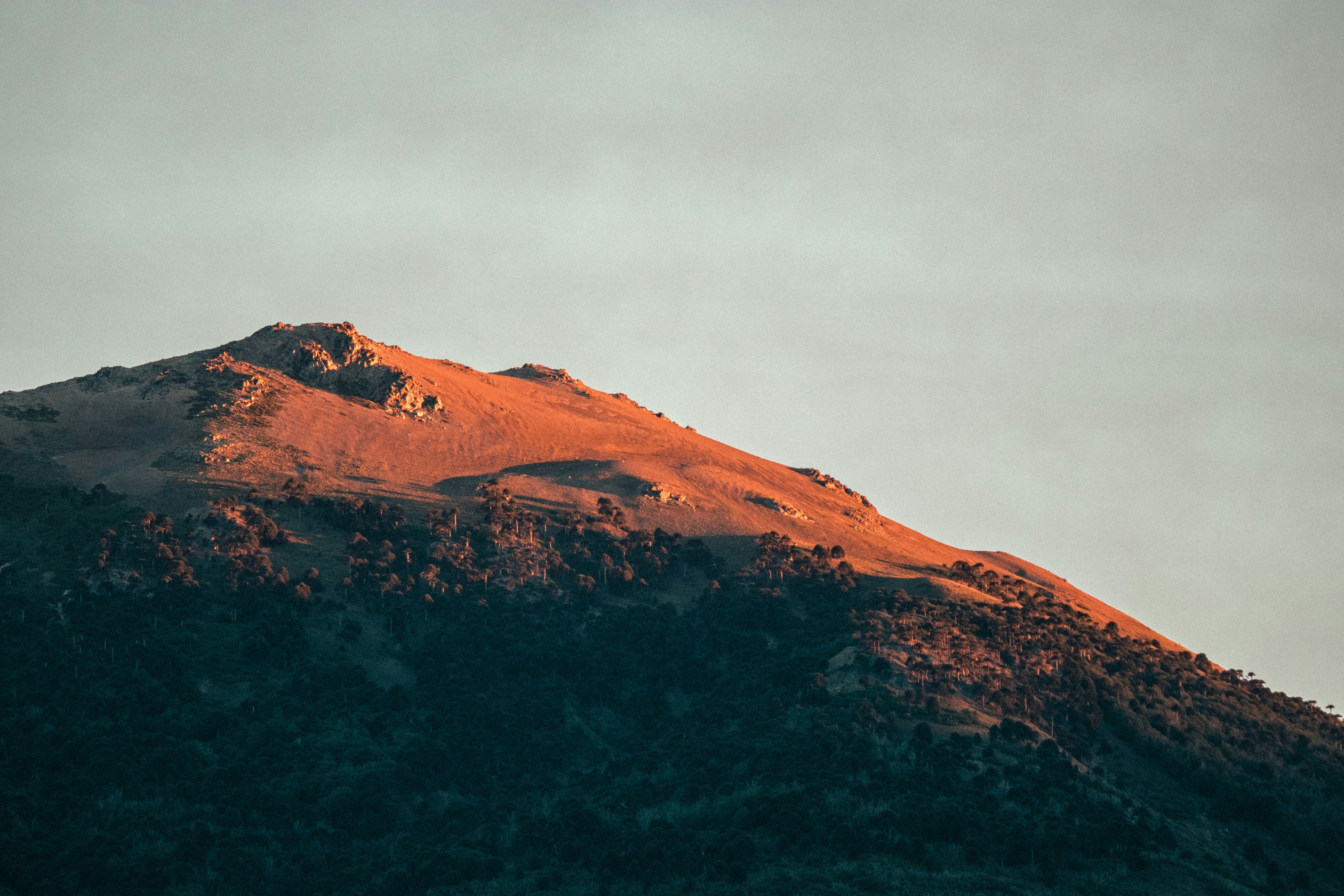 brown mountain under gray sky